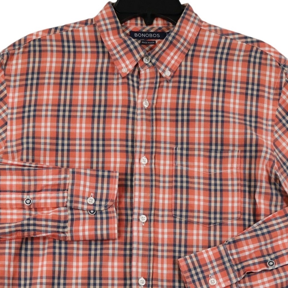 Bonobos Button Down Shirt Mens M Orange Blue Plaid Cotton Long Sleeve Casual